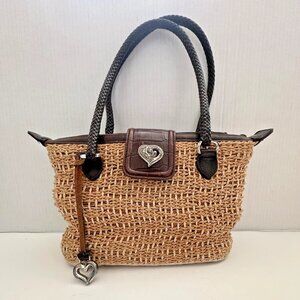 Brighton  Purse Natural Woven Straw Shoulder Bag Tan Brown with Leather Trim